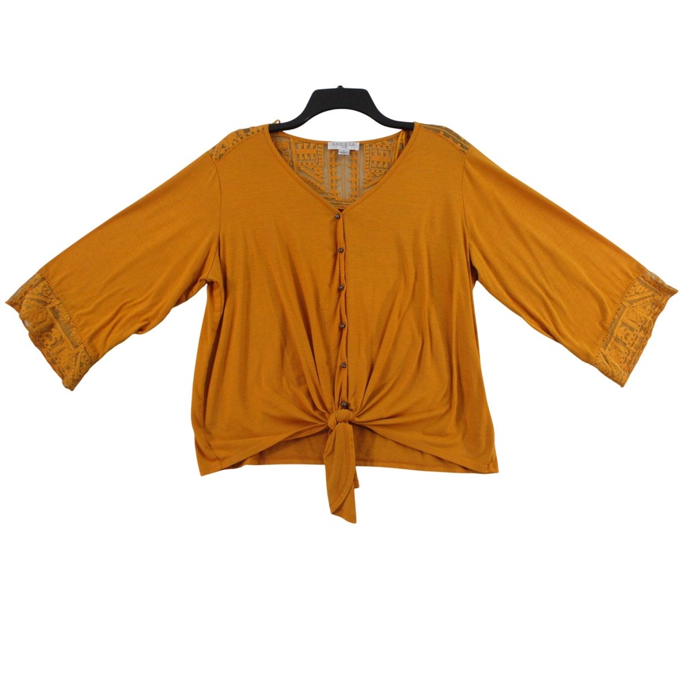Studio JPR BOHO Women Mustard Yellow Lace Crochet Tie Front Blouse Top L